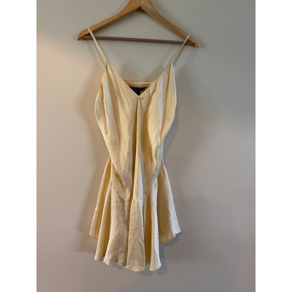 In Stock Women Butter Yellow 100% Silk V-Neck Ruffle Drop Waist Mini Dress XL